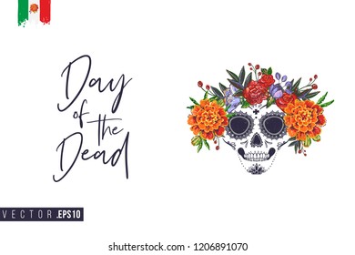 Sugar skull with flowers for Day of the Dead Halloween celebration. Traditional Mexican autumn festival. Invitation flyer template with text: day of the dead. Greeting card with white background.