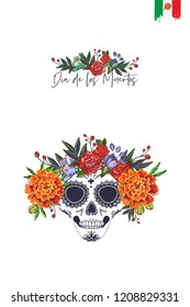 Sugar skull with flowers for Day of the Dead Halloween celebration. Traditional Mexican autumn festival. Invitation flyer template with text: dia de los muertos - day of the dead.