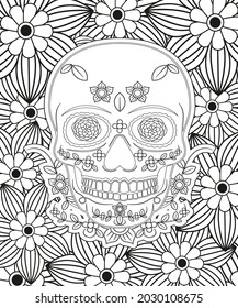 Sugar Skull flowers frame for Halloween or Day of the dead with flower elements. Hand drawn. Doodles art for greeting cards, invitation or poster. Coloring book for adult and kids.