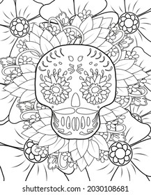 Sugar Skull flowers frame for Halloween or Day of the dead with flower elements. Hand drawn. Doodles art for greeting cards, invitation or poster. Coloring book for adult and kids.