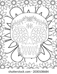 Sugar Skull flowers frame for Halloween or Day of the dead with flower elements. Hand drawn. Doodles art for greeting cards, invitation or poster. Coloring book for adult and kids.