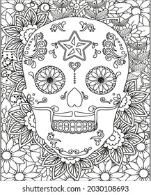 Sugar Skull flowers frame for Halloween or Day of the dead with flower elements. Hand drawn. Doodles art for greeting cards, invitation or poster. Coloring book for adult and kids.