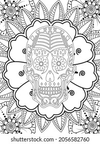 Sugar Skull flowers frame for Halloween or Day of the dead with flower elements. Hand drawn. Doodles art for greeting cards, invitation or poster. Coloring book for adult and kids.