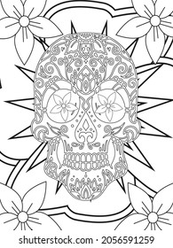 Sugar Skull flowers frame for Halloween or Day of the dead with flower elements. Hand drawn. Doodles art for greeting cards, invitation or poster. Coloring book for adult and kids.