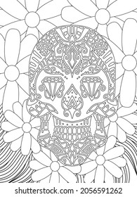 Sugar Skull flowers frame for Halloween or Day of the dead with flower elements. Hand drawn. Doodles art for greeting cards, invitation or poster. Coloring book for adult and kids.