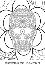 Sugar Skull flowers frame for Halloween or Day of the dead with flower elements. Hand drawn. Doodles art for greeting cards, invitation or poster. Coloring book for adult and kids.