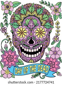 Flores de cráneo de azúcar enmarcadas para Halloween o el Día de los muertos con elementos florales. Dibujado a mano. Dibujos para tarjetas de felicitación, invitación o afiche. Libro de Colores para adultos y niños.