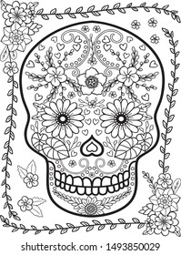 Sugar Skull flowers for Halloween or Day of the dead. with flower elements. Doodles art for greeting cards, invitation or poster. Coloring book for adult and kids.