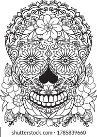 Sugar Skull flowers for Halloween or Day of the dead with flower elements. Hand drawn. Doodles art for greeting cards, invitation or poster. Coloring book for adult and kids.