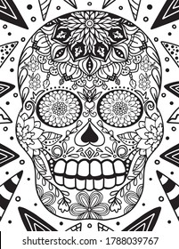 Sugar Skull flowers for Halloween or Day of the dead with flower elements. Hand drawn. Doodles art for greeting cards, invitation or poster. Coloring book for adult and kids.