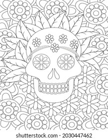 Sugar Skull flowers for Halloween or Day of the dead with flower elements. Hand drawn. Doodles art for greeting cards, invitation or poster. Coloring book for adult and kids.