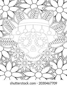 Sugar Skull flowers for Halloween or Day of the dead with flower elements. Hand drawn. Doodles art for greeting cards, invitation or poster. Coloring book for adult and kids.