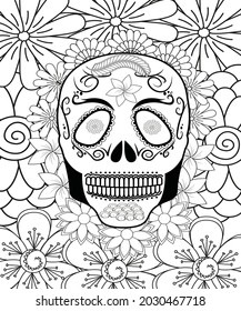 Sugar Skull flowers for Halloween or Day of the dead with flower elements. Hand drawn. Doodles art for greeting cards, invitation or poster. Coloring book for adult and kids.