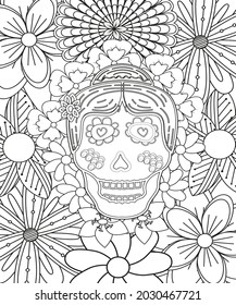 Sugar Skull flowers for Halloween or Day of the dead with flower elements. Hand drawn. Doodles art for greeting cards, invitation or poster. Coloring book for adult and kids.