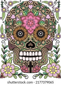 Flores de azucar cráneo para Halloween o Día de los muertos con elementos florales. Dibujado a mano. Dibujos para tarjetas de felicitación, invitación o afiche. Libro de Colores para adultos y niños.