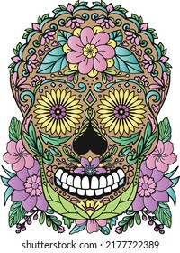 Sugar Skull flowers for Halloween or Day of the dead with flower elements. Hand drawn. Doodles art for greeting cards, invitation or poster. Coloring book for adult and kids.