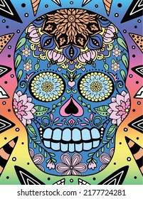 Sugar Skull flowers for Halloween or Day of the dead with flower elements. Hand drawn. Doodles art for greeting cards, invitation or poster. Coloring book for adult and kids.