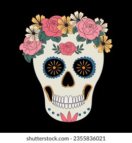 Sugar skull with flowers isolated on black background.