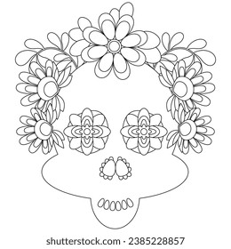 Sugar skull with flowers Mexican embroidery coloring page