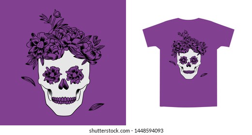 Sugar skull with flowers on head in 
 black and white colors. Hand drawn cute doodle vector illustration. Cool print for trendy t shirt and apparel design, cards, stickers.