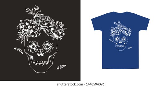 Sugar skull with flowers on head in 1color. Hand drawn cute doodle vector illustration. Cool print for trendy t shirt and apparel design, cards, stickers.