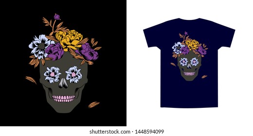 Sugar skull with flowers on head in dark colors. Hand drawn cute doodle vector illustration. Cool print for trendy t shirt and apparel design, cards, stickers.