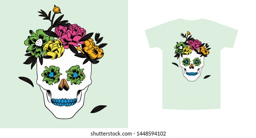 Sugar skull with flowers on head in multi colors. Hand drawn cute doodle vector illustration. Cool print for trendy t shirt and apparel design, cards, stickers.