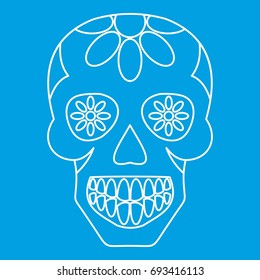 Sugar skull, flowers on the skull icon blue outline style isolated vector illustration. Thin line sign