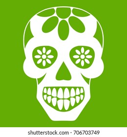 Sugar skull, flowers on the skull icon white isolated on green background. Vector illustration