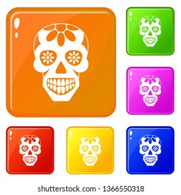 Sugar skull, flowers on the skull icons set collection vector 6 color isolated on white background