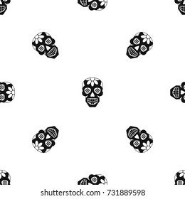 Sugar skull, flowers on the skull pattern repeat seamless in black color for any design. Vector geometric illustration