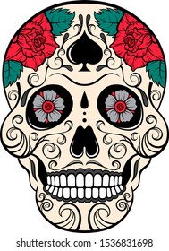 Sugar skull with flowers and ornament. Day of the dead. Vector card.