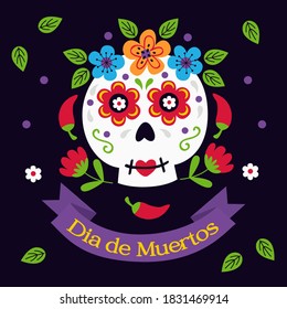 Sugar skull with flowers and pepper, Day of the Dead