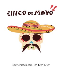 sugar skull with folk ornament in mexican hat with lettering. Vector illustration can used for cinco de mayo banner, greeting card, poster. 