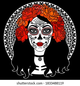 Sugar Skull Girl. Day Of Dead, Traditional Mexican Halloween, Dia De Los Muertos. Woman with makeup sugar skull with roses flowers wreath. Vector illustration