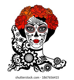 Sugar Skull Girl. Day Of Dead, Traditional Mexican Halloween, Dia De Los Muertos. Woman with makeup sugar skull with roses flowers wreath. Vector illustration