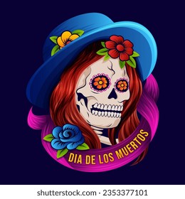 Chica De Calavera De Azúcar. Día de Muertos o Día de los Muertos Calavera Catrina con un diseño de color vibrante