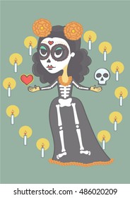 Sugar skull girl for day of the dead or halloween. Vector cartoon of mexican woman representing death.