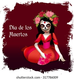 Sugar skull girl. Dead day card or poster. Santa Muerte illustration. 