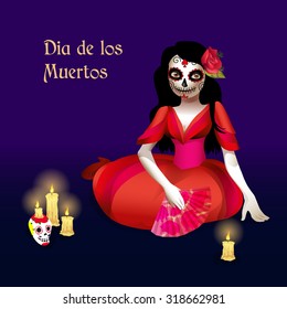 Sugar skull girl. Dead day card or poster. Santa Muerte illustration. Vector.