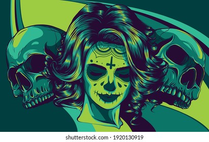 Sugar skull girl face with two human skull