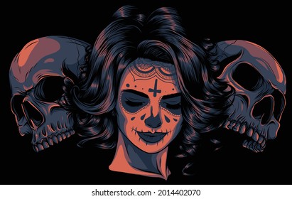 Sugar skull girl face with two human skull