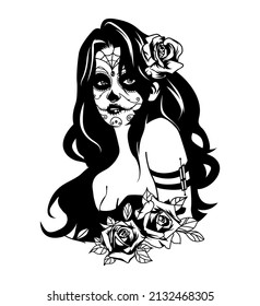 Sugar skull girl with roses . Day of dead girl black and white illustration