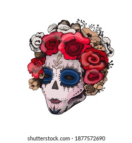 Sugar skull girl. Woman with makeup roses flowers wreath. Vector vintage hatching