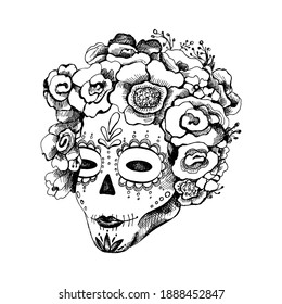 Sugar skull girl. Woman with skeleton makeup and roses flowers wreath. Vector vintage black hatching isolated on white. For poster mexican halloween, Day of the Dead, Dia de los Muertos Day