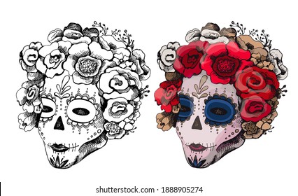 Sugar skull girl. Woman with skeleton makeup and roses flowers wreath. Vector vintage color hatching isolated on white. For poster mexican halloween, Day of the Dead, Dia de los Muertos Day