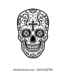 Sugar skull graphic illustration. Day of the dead vector. Candy skull hand drawn design elements. Isolated on white background.