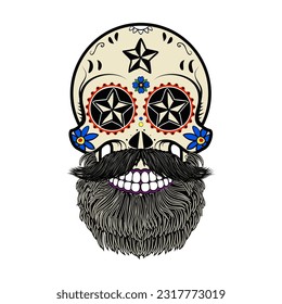 Sugar skull with hair and beard. The day of the Dead. The template for printing on T-shirts. Vector illustration.