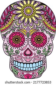 Sugar Skull for Halloween or Day of the dead with flower elements. Hand drawn. Doodles art for greeting cards, invitation or poster. Coloring book for adult and kids.