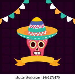 sugar skull with hat celebration viva mexico vector illustration